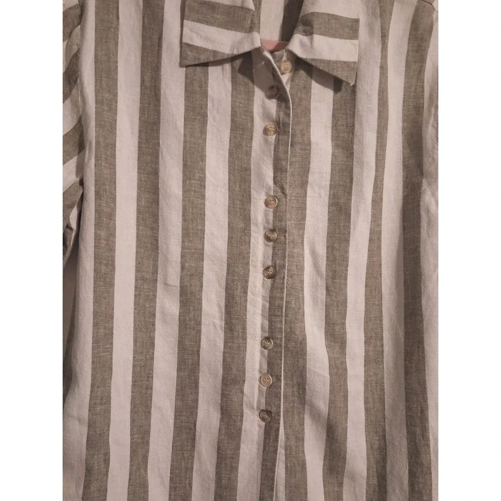 Vntg 90s Linen Blend Striped Button Shirt Tunic Granola Coastal Minimalist